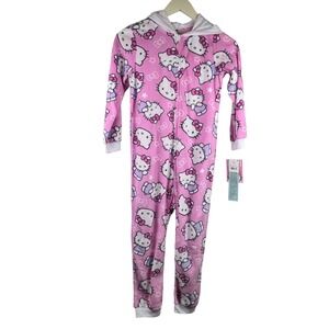 Hello Kitty Sanrio Girls Pink Fleece Hooded One Piece Union Suit Pajamas M 7/8